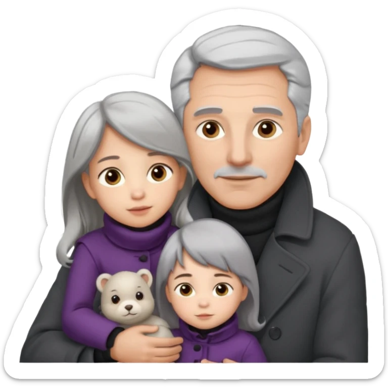 A father with silver-grey hair styled neatly and a clean-shaven face, wearing a dark turtleneck and wool coat, holding his girl child gently.  sticker
