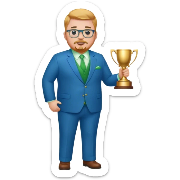 Full Body white fat male  wearing glasses with a goatee with strawberry blond very short hair basketball head Coach in blue and green suit holding trophy sticker