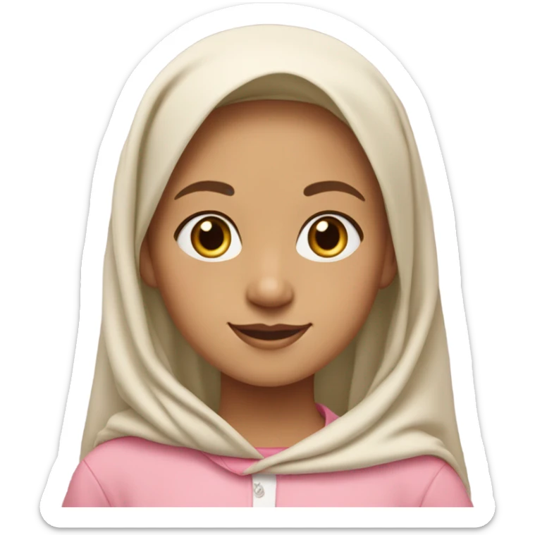 preppy girl,with white hijab, wavy hair, pink clothes, light tan skin, golden earrings, 10 years old  sticker