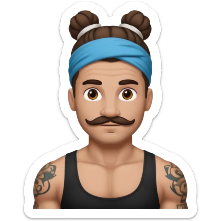 single big bun brunette hair man and mustache and face tattoos very heavy and headband sticker