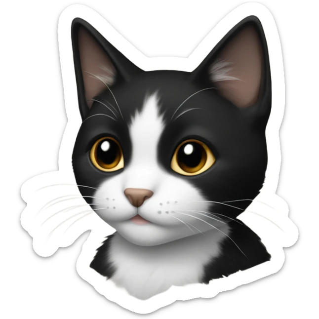 Small black-furred short-haired cat with white fur on her chest and all-black head sticker