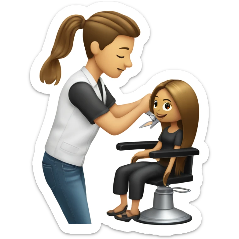 “Create an emoji depicting a hairdresser styling a client’s hair. The hairdresser is holding scissors or a comb, and the client is sitting on a chair. Include details such as the client’s hair and professional tools in the hairdresser’s hands.” sticker