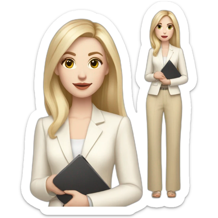 Full height pale skin woman with blonde Straightened Hair to shoulders, White classical jacket, beige Palazzo pants holding a color palette in the hands sticker