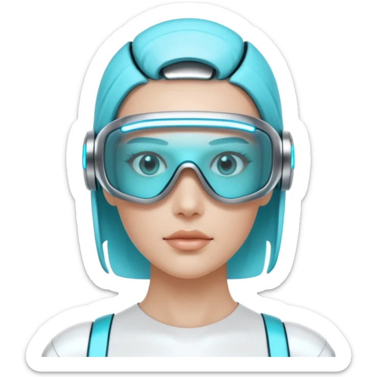 3D render of Digi-Visor, futuristic cyborg aesthetic, fusion of organic skin and chrome metal, sleek white plastic eyewear with a cyan glowing strip, isolated on white background --v 6.0. sticker