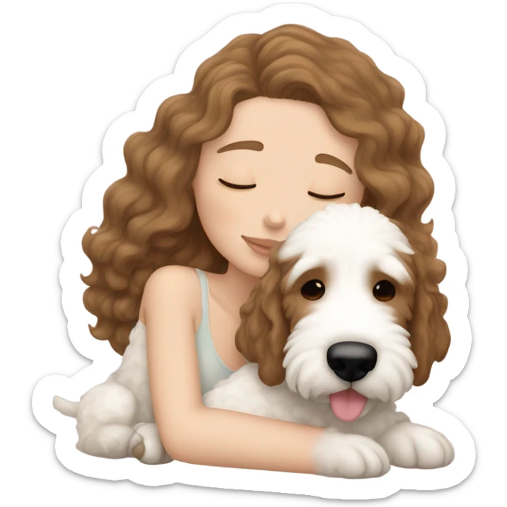White girl straight  brown hair sleeping with cream golden doodle puppy  sticker