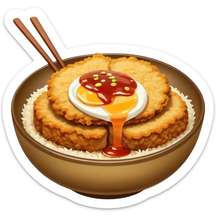 katsudon in a bowl: bowl filled with rice, a bit of sauce over the rice and a breaded pork cutlet sticker