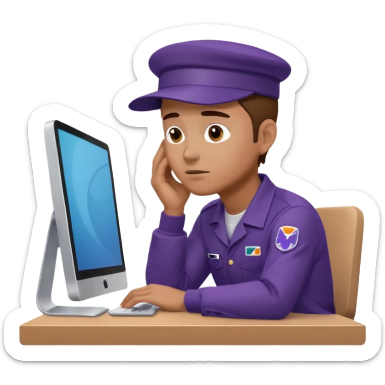 emoji of a man sitting at the table with an imac on it, a man is sitting in a very thoughtful pose, he has his hands on the table and his head resting on themб he look into the screen of imac, he is dressed in FedEx uniform with a cap sticker