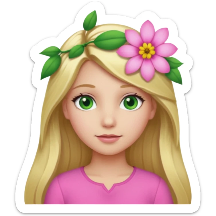 Girl profile picture with long blonde hair and green eyes and a flower in her hair. and a pink outfit sticker