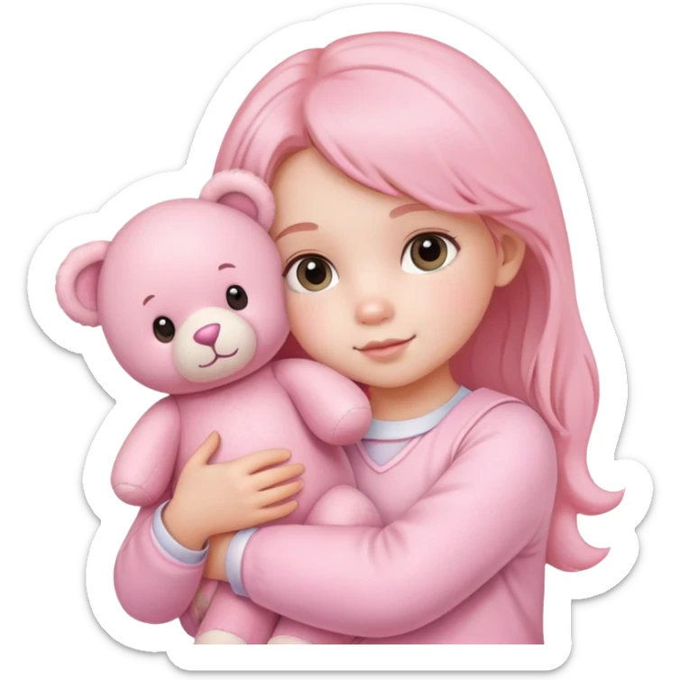 cute toddler girl with pastel pink clothes holding a pink teddy bear sticker