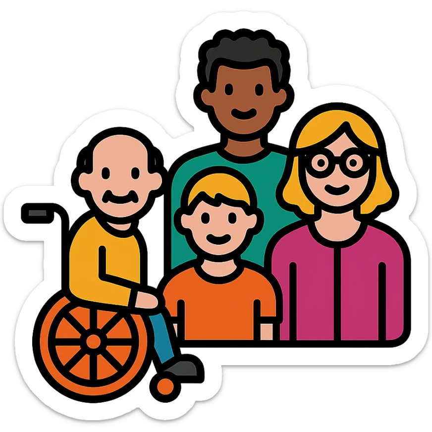 icon of a diverse group, showing people of different ages and abilities, inclusive, simple and modern sticker