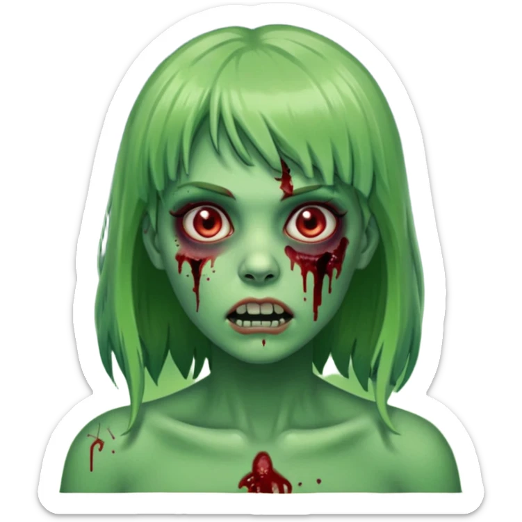 Mulher cabelo de franjinha pele verde zumbi sangrando bonito com zundo escuro noite  sticker