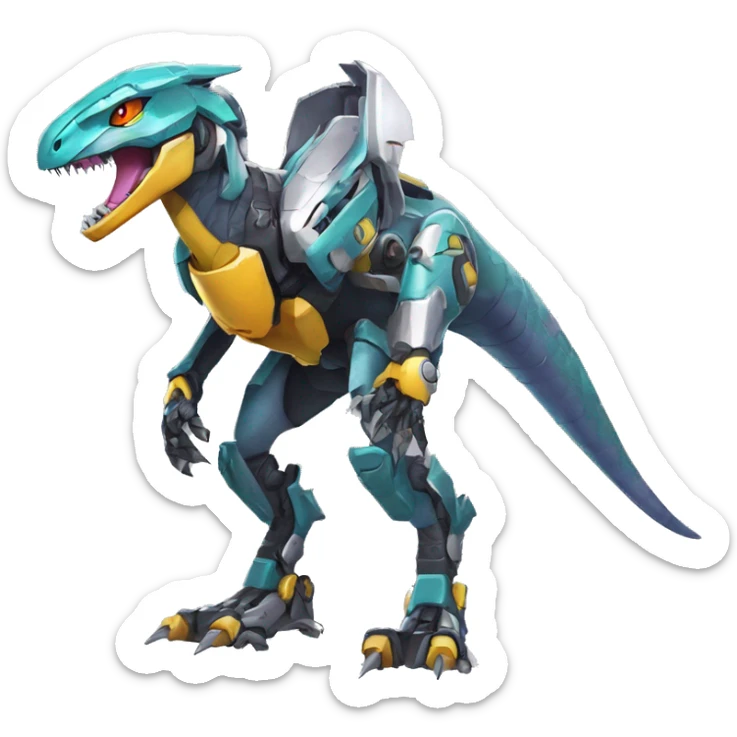 Colorful Edgy Greymon-Velociraptor-Genesect-Fakémon-Pokémon wearing a with a futuristic helmet And Mecha-suit Full Body sticker