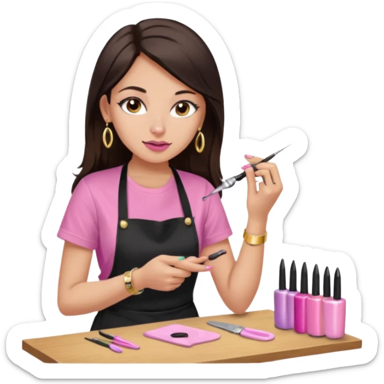 Fille cheveux long châtain foncé, peau beige type européen yeux marron, teeshirt rose avec un tablier noir, piercing au nez anneau doré, boucle d’oreille type diamant doré. Elle fait les ongles nail artiste sticker