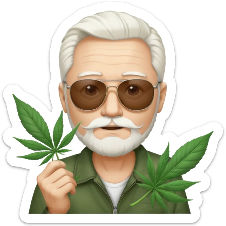 An old skinny guy in his 50's with white hair and stumbly small white beard, he wears a pair of sunglassed and holds a Big marihuana leaf  sticker