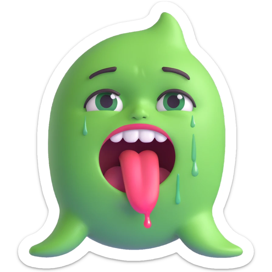 humorous emoji of a distressed character with tears, green face, tongue out, and cartoon puke, over-the-top reaction sticker