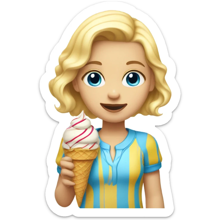 Girl with blonde hair, blue eyes, yellow striped shirt, holding vanilla ice cream cone sticker