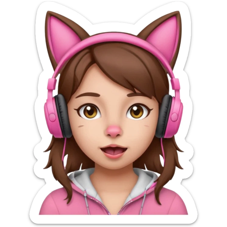 une fille avec des écouteursde chat rose et des cheveux brun qui fais une grimasse sticker
