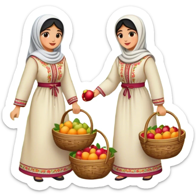 A nostalgic and culturally rich scene of Palestinian women dressed in traditional embroidered thobes harvesting fruit in an orchard. Their vibrant and intricately designed dresses reflect deep heritage, while their coordinated efforts—picking, sorting, and collecting fruit in a woven basket sticker