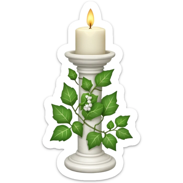 A candle-stand-pedestal made out of howlite stone with ivy vine leaves poking out on one side sticker