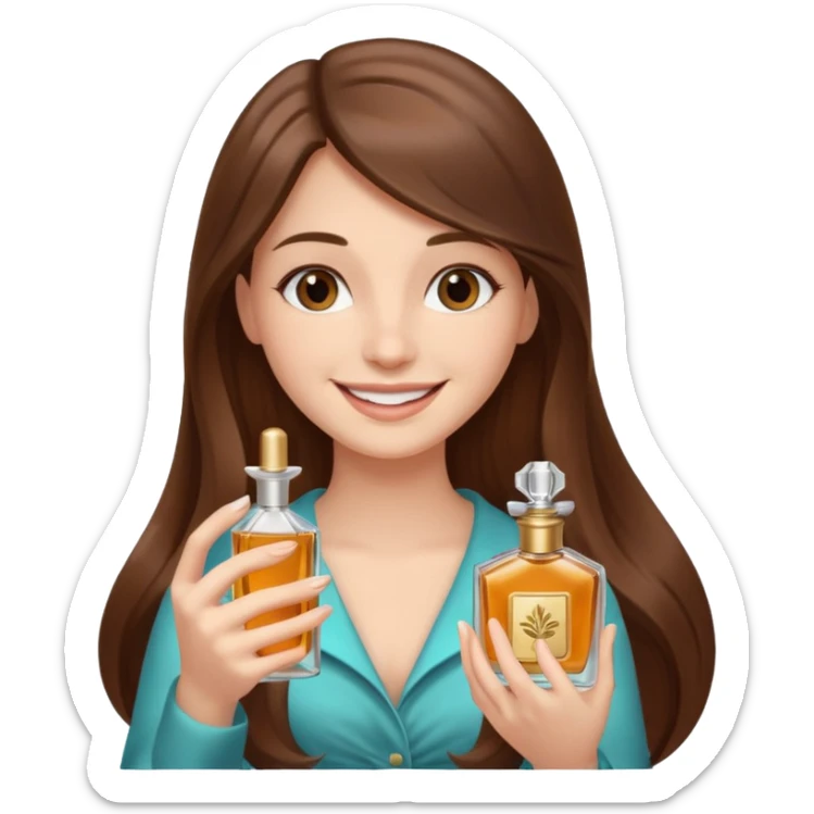 half body pretty long hair girl holding 1 parfume with smile sticker