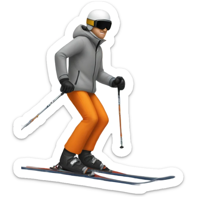 white man skiing wearing an GREY JACKET and a BLACK HELMET and wearing ORANGE PANTS sticker