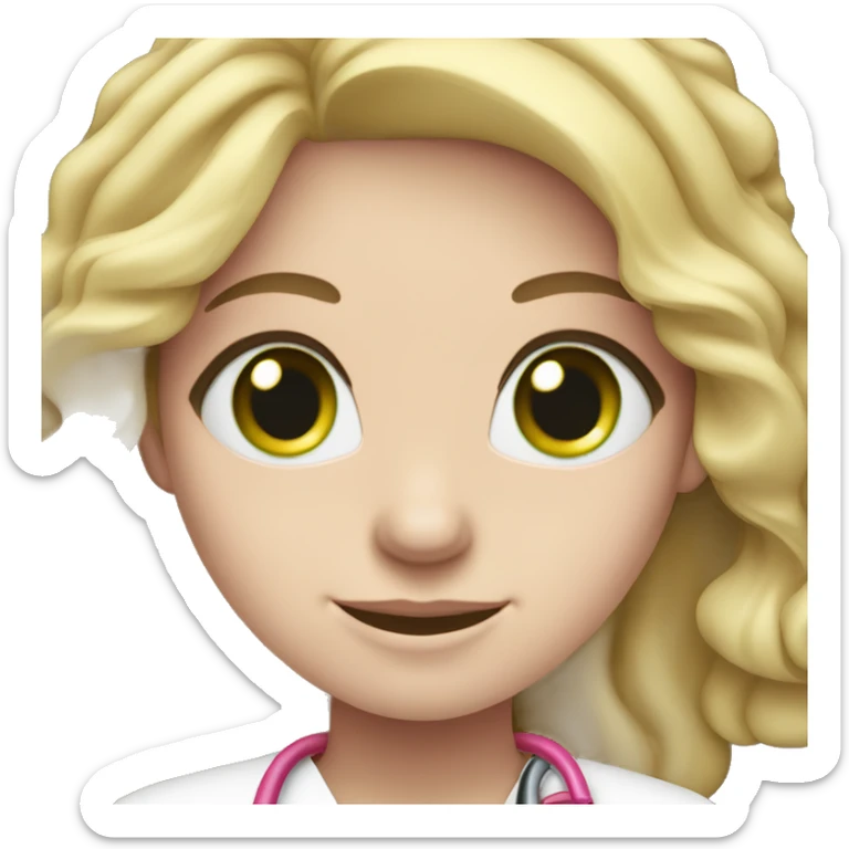 pale blonde girl with long wavy hair and green eyes wearing pink scrubs and stethoscope  sticker