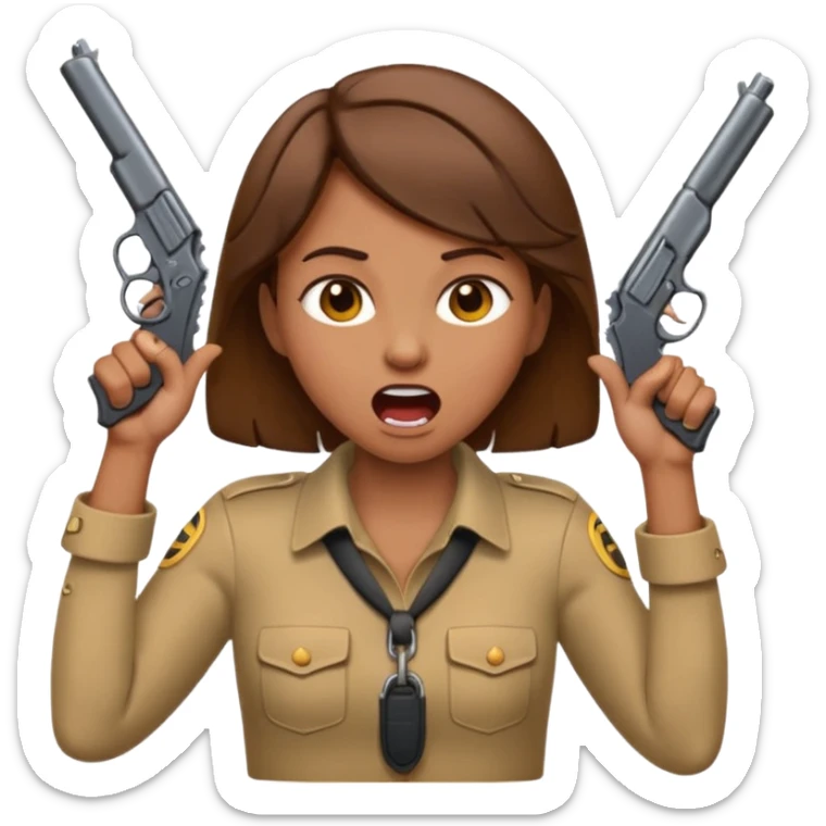 the woman emoji with brown hair and tan skin choking herself  with both hands around her neck with her mouth open and two arms from behind her holding a gun in each hand point directly at her head sticker