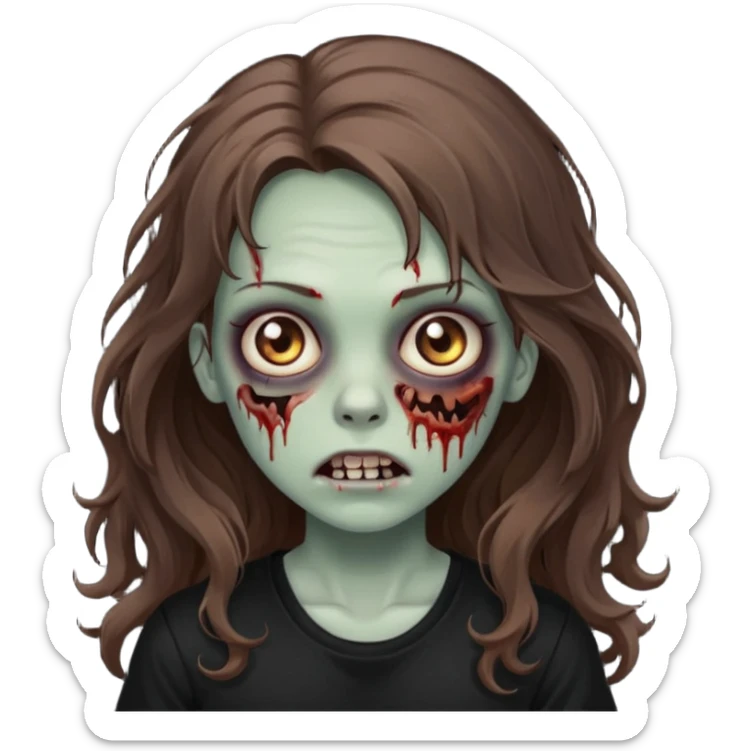 crie um emoji de uma garota zoombie cabelo castanho e longo , assustadora e fofa com cabelo ondulado 2b e camiseta básica preta sticker