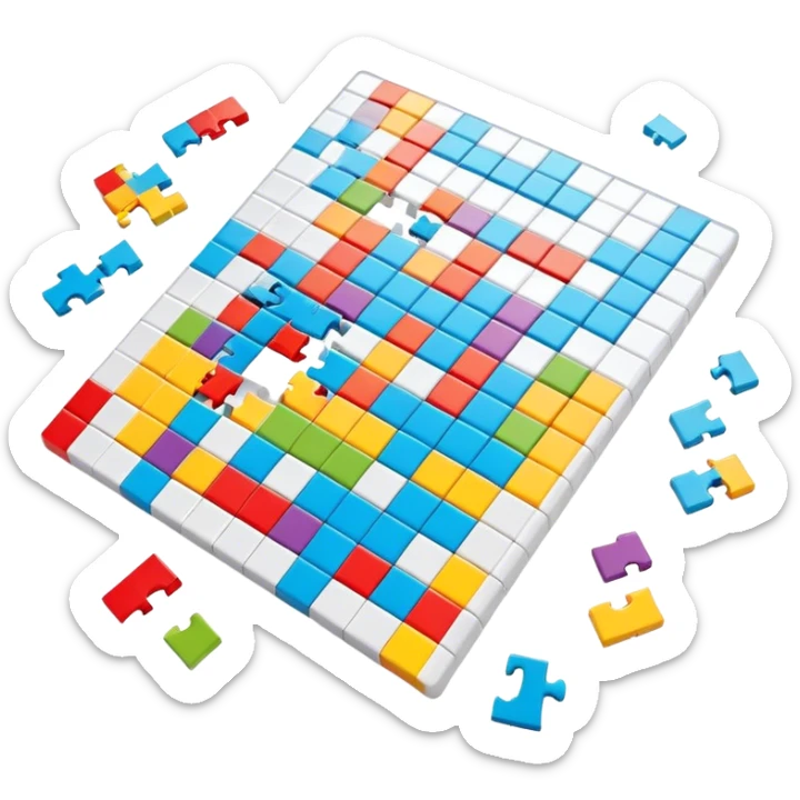 A photorealistic icon with a colorful, fragmented crossword magazine, a 3D puzzle, and a partially completed puzzle on a table. Bright, detailed design with realistic lighting. Transparent background, clearly symbolizing puzzles and brain games. sticker