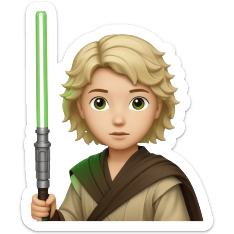 Young jedi with dark brown eyes and sandy blonde wavy short hair holding a green light saber.  sticker