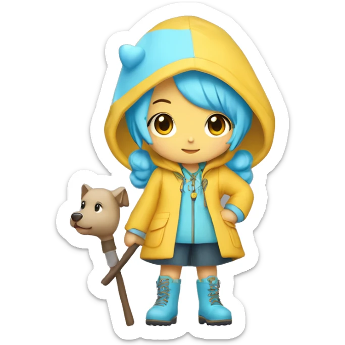 Cute little girl with light blue hair with peach skin, with yellow raincoat hooded with boots holding a shepherd staff, with a cross necklace, Sanrio design sticker