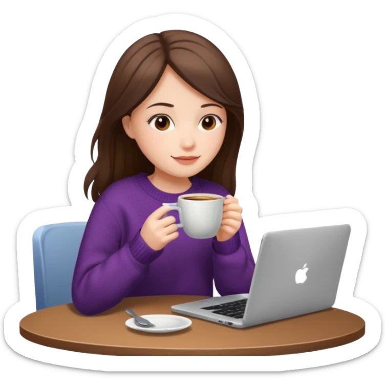laptop and coffee are on the table. coffee is not on the laptop. the girl is drinking coffee. sticker