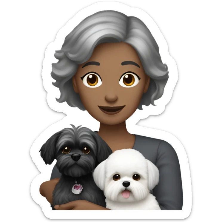 White women with short grey hair holding two dogs one black shih tzu and one white bichon frise sticker