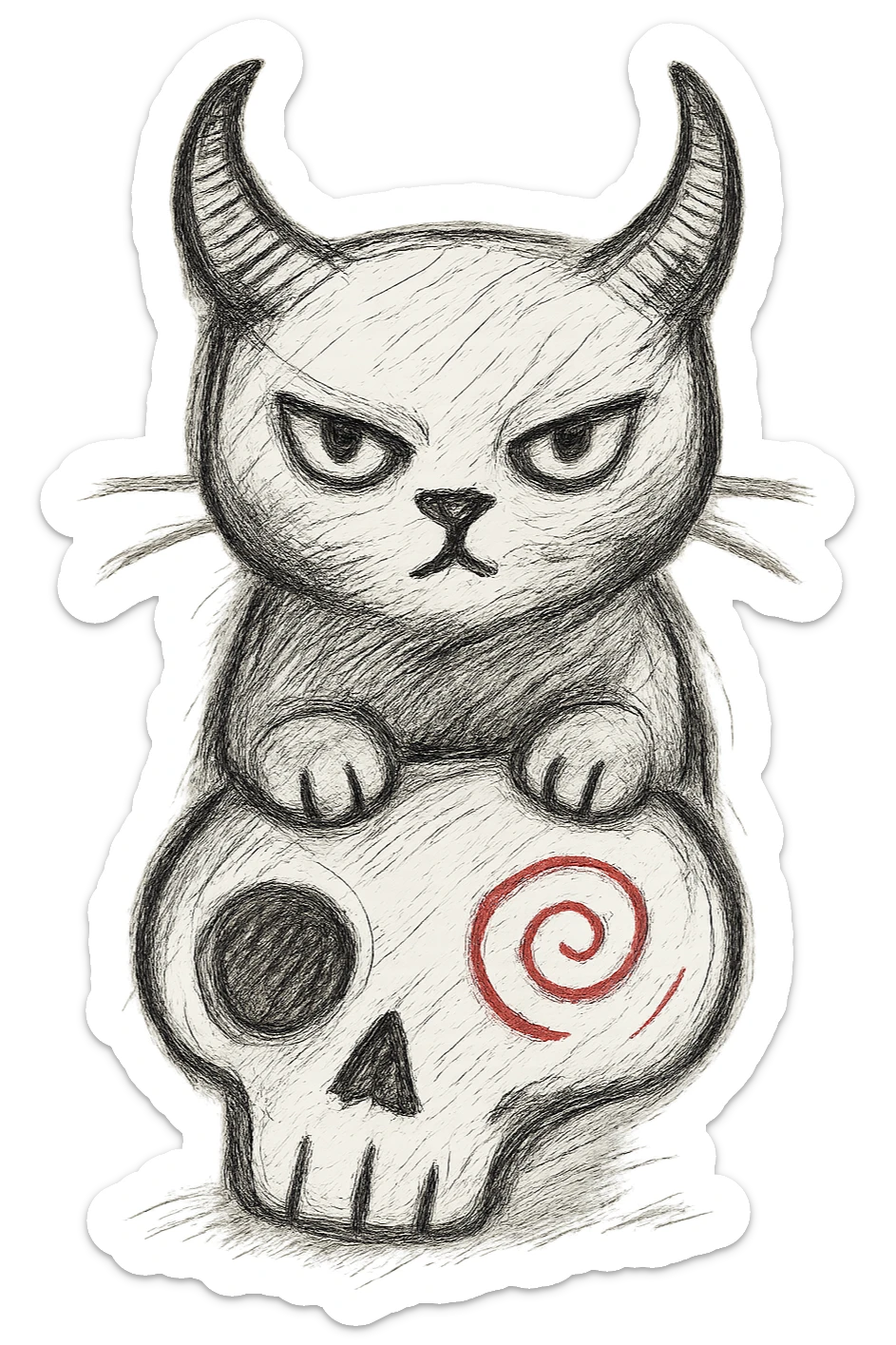 Make the black cat with demon horns and skull less cartoonish, more realistic hand drawn style, sketchy lines, no fill, preserve the red spiral on the skull, transparent background. sticker