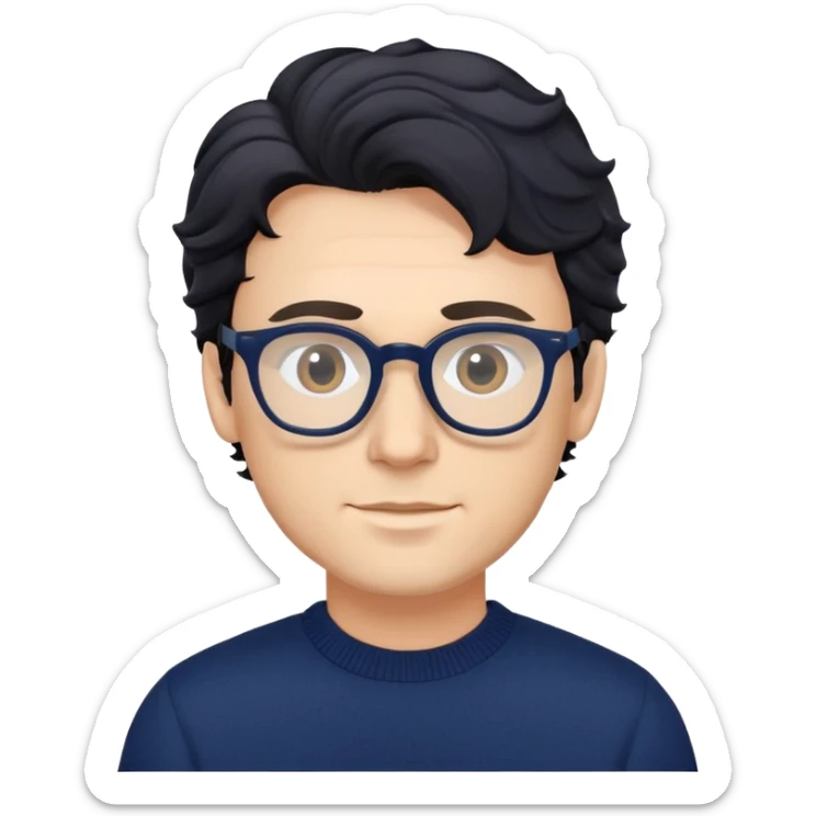 Caucasian man with black wavy hair wearing glasses and a long sleeve navy blue sweater sticker