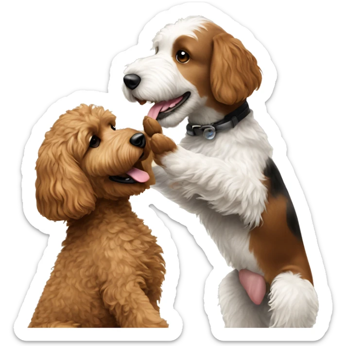 brown goldendoodle dog and smaller black/white dog giving each other a high five sticker