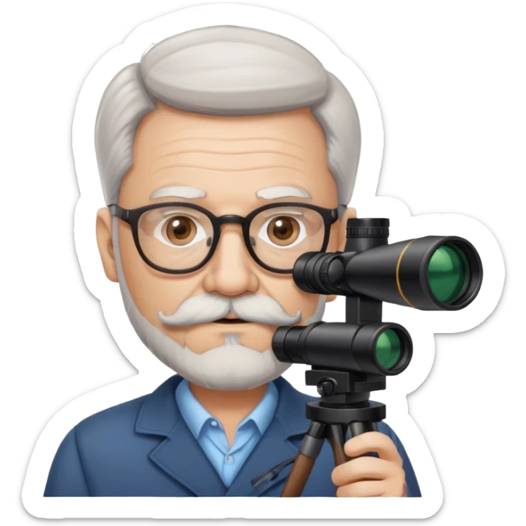 Older Man, white skin, glasses, full head of hair, beard & mustache, brown hair, holding spotter scope sticker