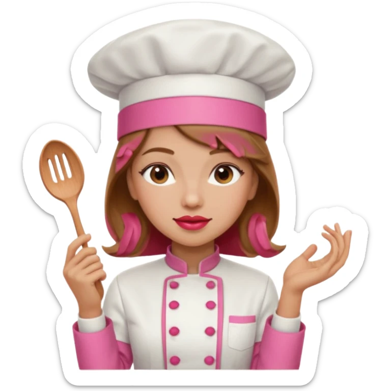 Girl in pink chef outfit, light brown hair, light skin, red lipstick sticker