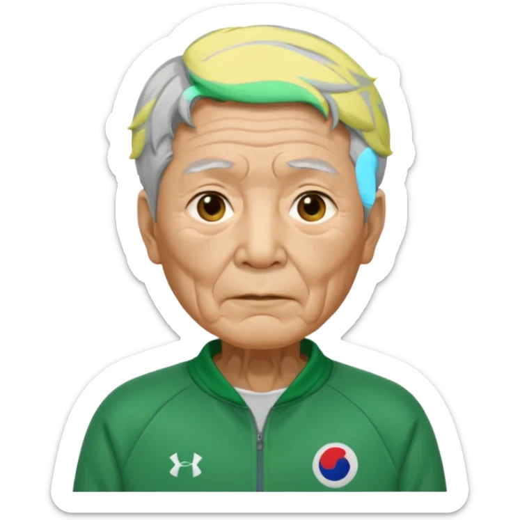Design Ali Abdul replaced with Oh Il-nam (Player 001), elderly Korean male, wrinkled face, gray hair, green tracksuit with white number 001 visible. sticker