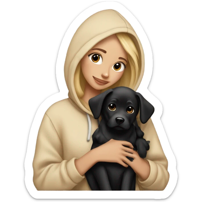Balayage Blonde girl beige hoodie cuddling black dog sticker