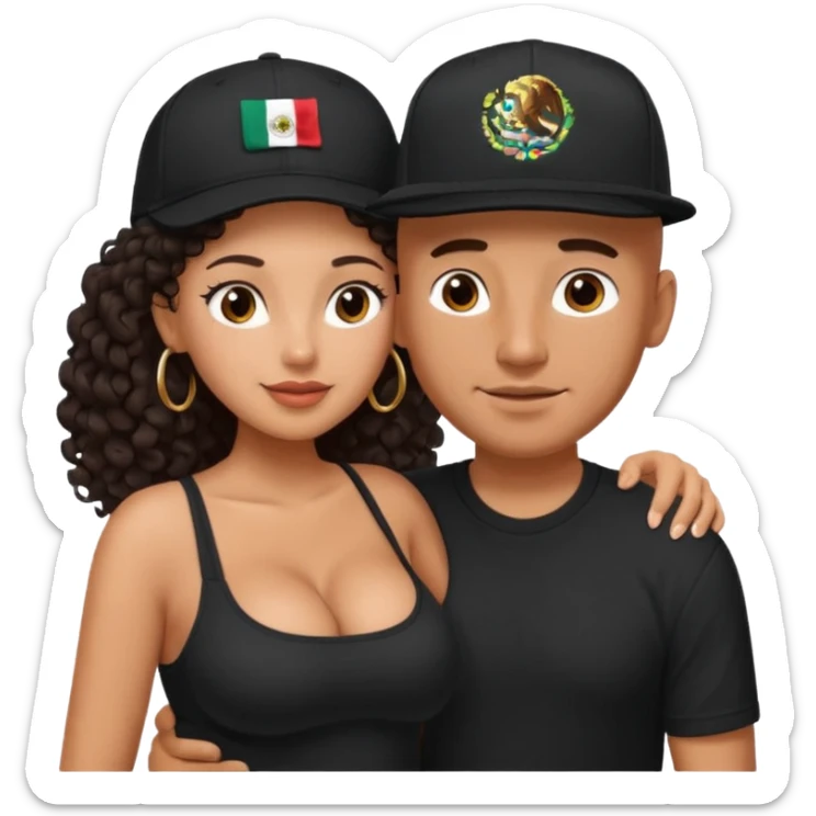 A picture of an embracing tanned couple. the man is a Mexican man with tanned skin, with a bald hair cut wearing a SnapBack hat and a black shirt. the woman is shorter, with long curly dark brown hair and with big boobs   sticker