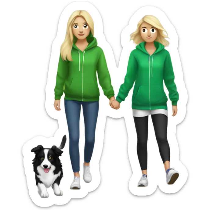 Black and white boarder collie being walked by a blonde girl in a green hoodie sticker