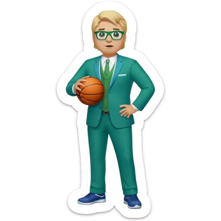 full body plus size male basketball coach with sandy blonde hair and glassed wearing blue and green suit sticker