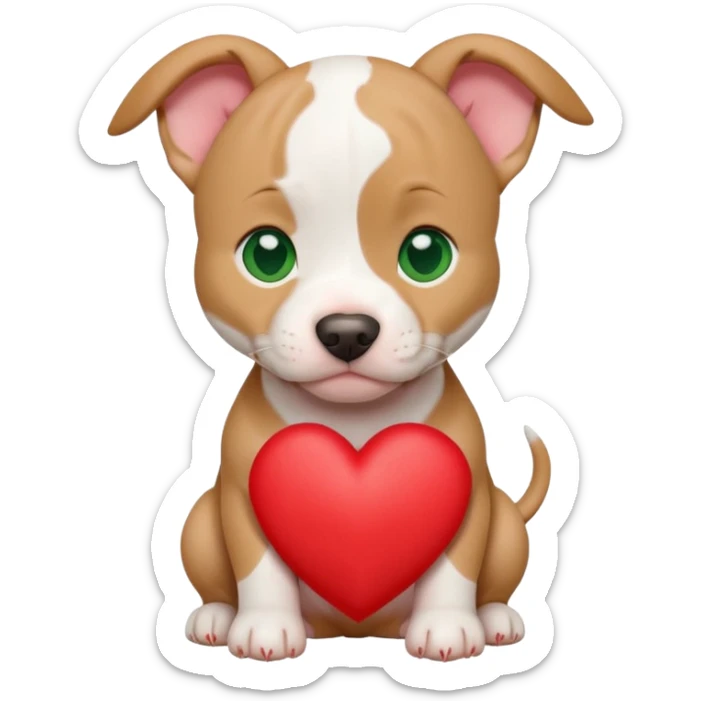 White and tan pitbull puppy with green eyes and cropped ears holding a heart sticker