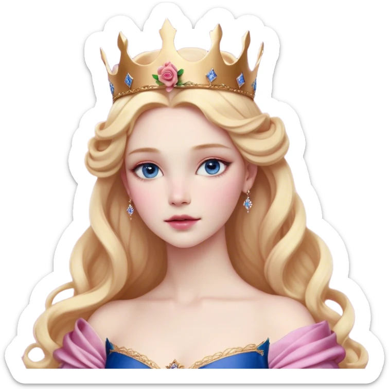 Cinematic Realistic Sleeping Beauty (Aurora) Portrait, with porcelain-like skin featuring a natural rosy flush, illuminated by soft lighting that highlights the gentle contours of her face. Her golden blonde hair flows in soft, detailed waves with subtle highlights that shimmer in the light. Her deep violet-blue eyes radiate warmth and innocence, framed by arched brows and long lashes. With a soft, serene smile, she holds a delicate rose gently in one hand, her other hand resting lightly by her side. She is dressed in her classic pink gown, the fabric rich in texture with delicate folds that catch the light. A golden crown rests atop her head, gleaming with royal refinement. The portrait captures a soft, glowing aura, blending realism with an ethereal sense of beauty and timeless enchantment. sticker