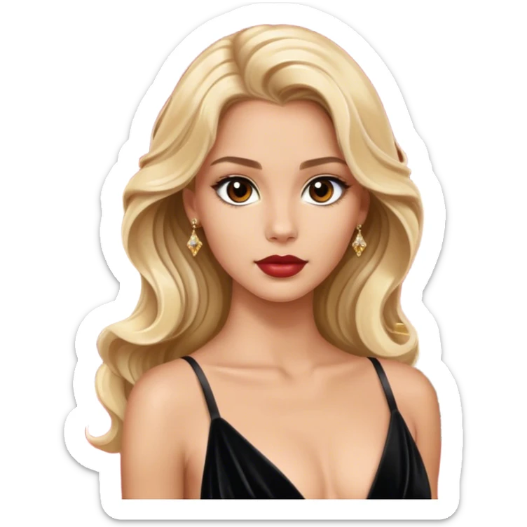 blonde model, brown eyes, long wavy hair, oscars red carpet, black velvet gown sticker