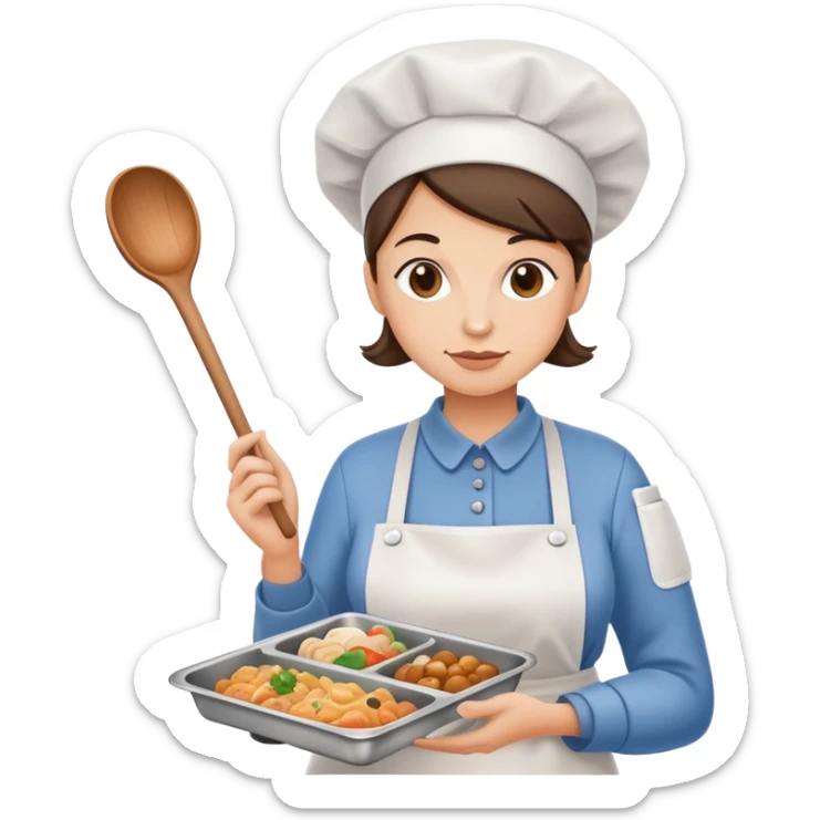lunch lady holding a ladle and a tray with gross food, cartoonish sticker