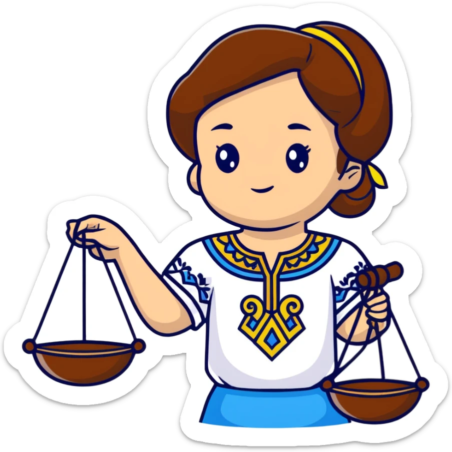 Ukrainian girl with brown hair wearing a traditional embroidered vyshyvanka shirt, holding scales of justice in her hand sticker