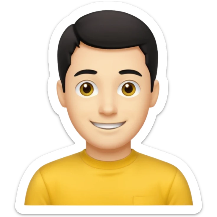 Greg Wiggle of The Wiggles with light skin, black hair, hazel eyes, yellow skivvy shirt sticker