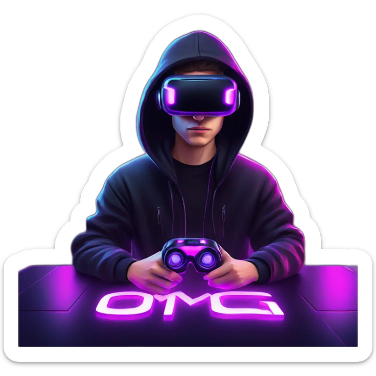 Russian young man wearing a black hoodie with "OMG" letters on it and VR headset in a cyberpunk VR environment with violet neon lighting. sticker